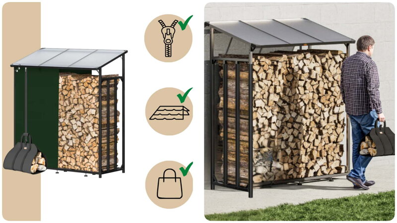 Wiata na drewno z torbą do przenoszenia drewna