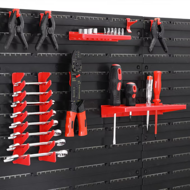 Wieszany organizer do warsztatu ORDERBOX z 28 pojemnikami i uchwytami na narzędzia, czerwony/czarny