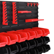 Wieszany organizer do warsztatu ORDERBOX z 28 pojemnikami i uchwytami na narzędzia, czerwony/czarny