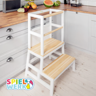 Wieża edukacyjna PLAY z drewna sosnowego, 93x56x49, biała/naturalny brąz  