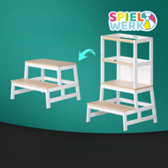 Wieża edukacyjna PLAY z drewna sosnowego, 93x56x49, biała/naturalny brąz  