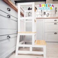 Wieża edukacyjna PLAY z drewna sosnowego, 93x56x49, biała/naturalny brąz  