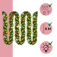 Girlanda świąteczna ANDREA z oświetleniem, zdobiona, 5m, zielona  
