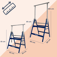 Teleskopowe kozły budowlane DANNY, zestaw 2 sztuki, max. 200 kg,  60 x 56 x 81-130cm, srebrna/niebieska
