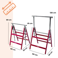 Teleskopowe kozły budowlane DANNY, zestaw 2 sztuki, max. 200 kg,  60 x 56 x 81-130cm, srebrna/czerwona