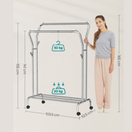 Stojak do garderoby MATILDA na kółkach, max. 100 kg, srebrny