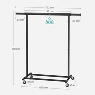 Stojak na ubrania INEZ na kółkach, maks. 90kg, 83,5x45x160cm, czarna  