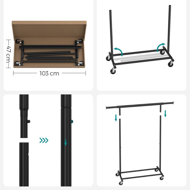 Stojak na ubrania INEZ na kółkach, maks. 90kg, 83,5x45x160cm, czarna  