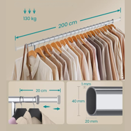 Wieszak na ubrania DOLLY na kółkach, max. 150 kg, 45x160-200x161,5cm, srebrny