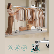 Wieszak na ubrania DOLLY na kółkach, max. 150 kg, 45x160-200x161,5cm, srebrny