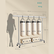 Wieszak na ubrania DOLLY na kółkach, max. 150 kg, 45x160-200x161,5cm, srebrny