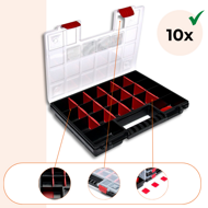 Plastikowy organizer NORS, 10 sztuk, 22 przegródki, 34x25x5 cm, czarno-przezroczysty