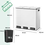 Kosz do segregacji odpadów SORT, 54l (3x18l) + worki na śmieci, biała