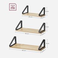 Półki ścienne ABBY z konsolą, 3 szt., 30/35/40x12cm, czarna/jasnobrązowy