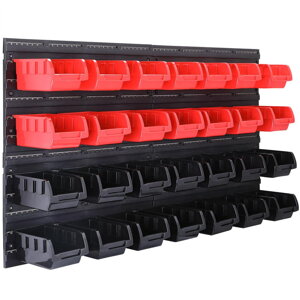 Wieszany organizer do warsztatu ORDERBOX z 28 pojemnikami i uchwytami na narzędzia, 64x2x38 cm, czerwony/czarny