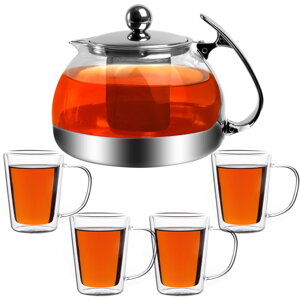 Zestaw do herbaty z sitkiem TEA 1,2L + 4 filiżanki, przezroczysty, srebrny