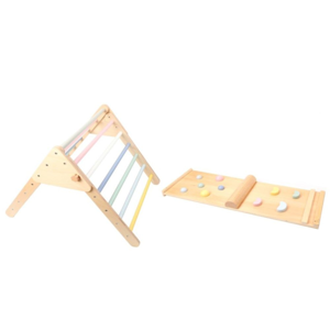 Drewniany trójkąt Piklera MONTY, 59 cm, z deską Montessori, wielokolorowy