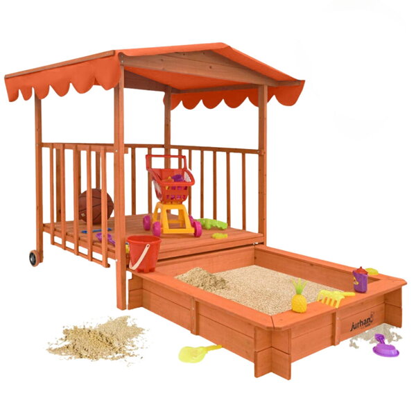 Piaskownica z werandą HAPPY, 130x130x143cm, brązowa/pomarańczowa