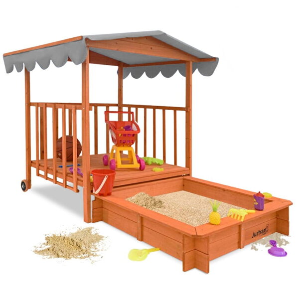 Piaskownica z werandą HAPPY, lita sosna 130 x 130 x 143 cm, brązowo szary
