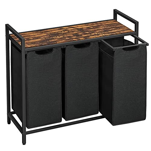 Kosz na bieliznę z półką BERGEN, 3x38l, czarny/brązowy
