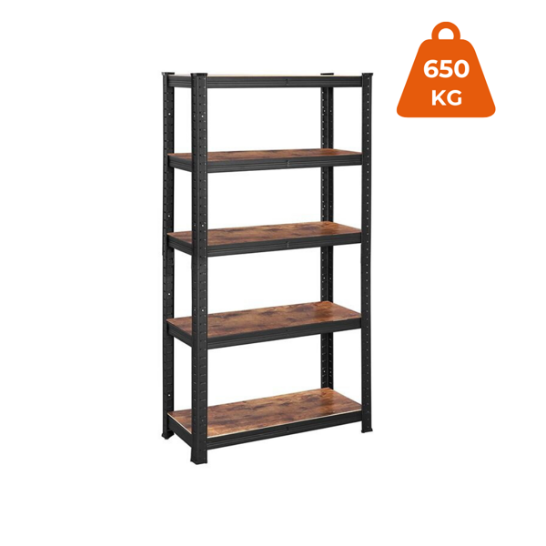 Regał DUSTY, 5 półek, max 650kg, czarna/brązowa