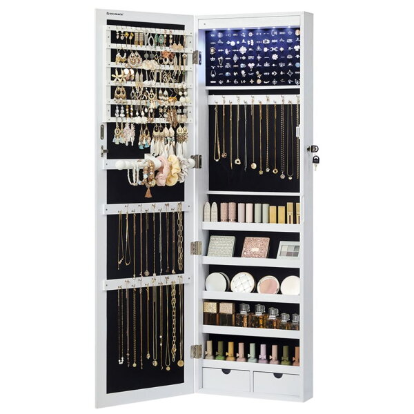 Ścienna szkatułka na biżuterię z lustrem JEWELIA z oświetleniem LED, 10x37x120 cm, biała