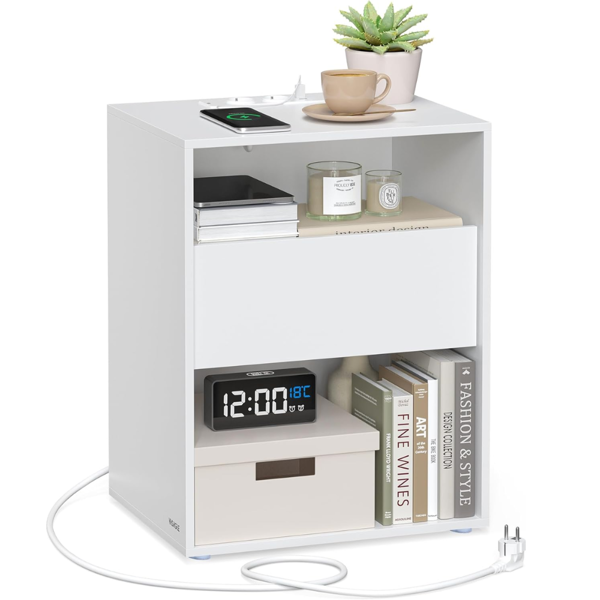 Stolik nocny LUCIANO z funkcją ładowania, 35x45x58,3 cm, biały